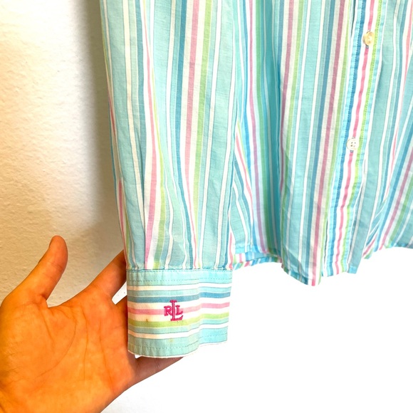 Vintage Lauren by Ralph Lauren, blue green and pink sheer button down shirt - Picture 4 of 8